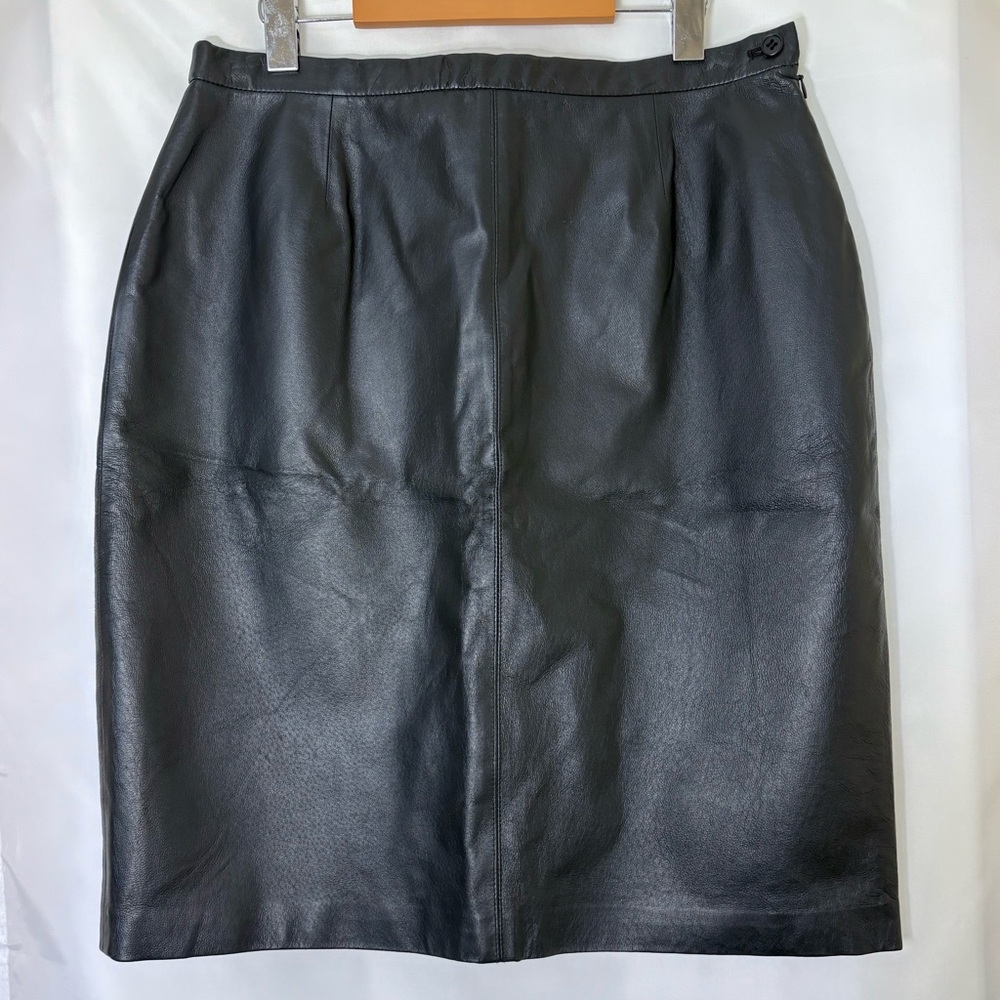 Nine West Black Leather Pencil Skirt Size 14 Side Zip Lined Classic Fitted Sleek